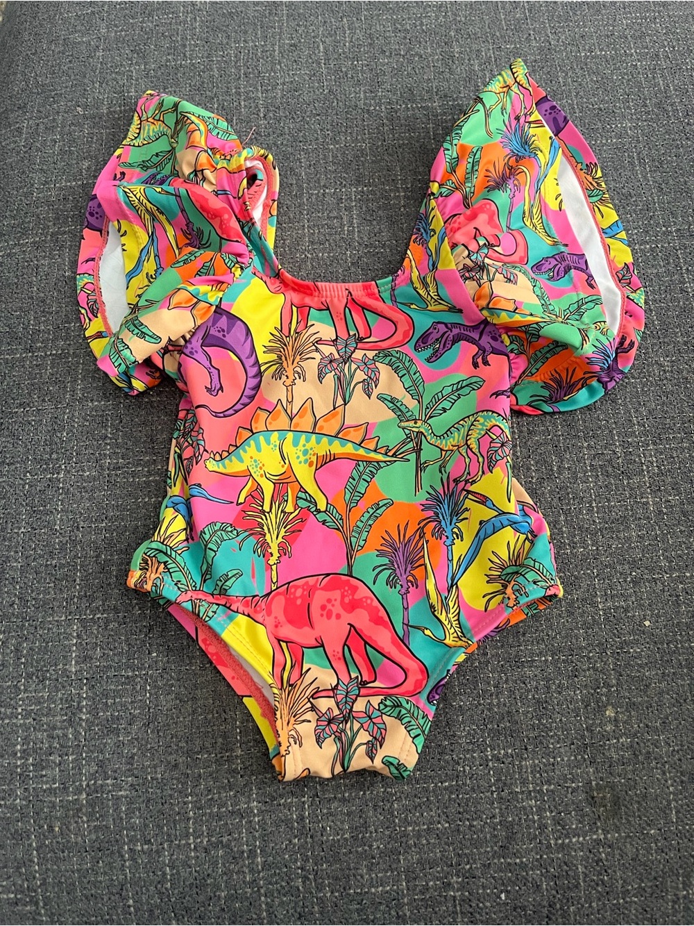 Girls' Colorful Dinosaur Print One-Piece Swimsuit with Puff Sleeves